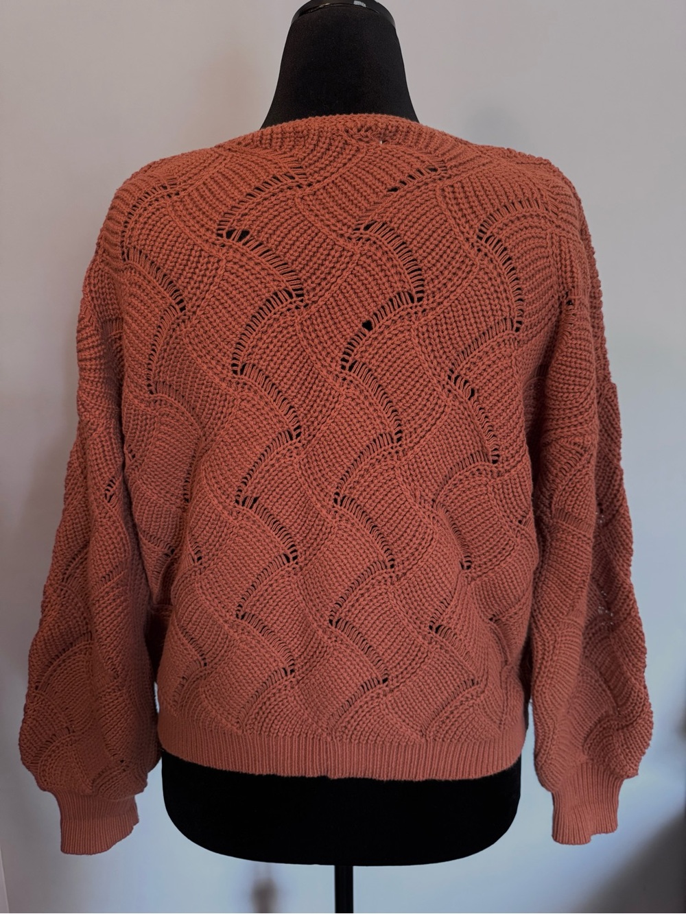 moon & madison Open-Knit V-Neck Sweater in Rust Orange - Size Large - Picture 3 of 10